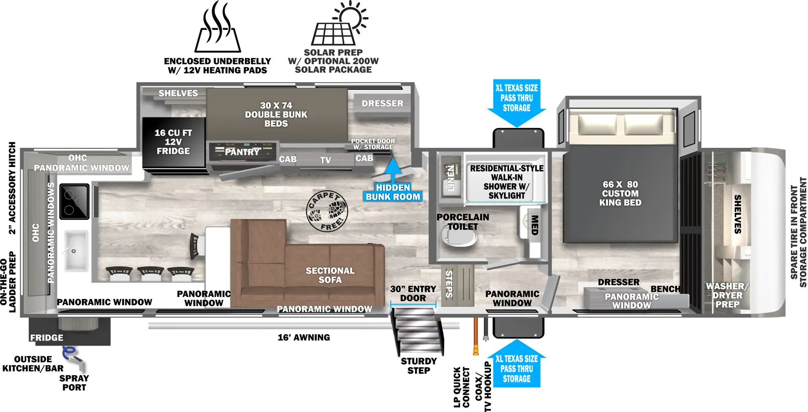 The Hemisphere Fifth Wheels 320VIEW floorplan has one entry and two slide outs. Exterior features include: fiberglass exterior, 16' awning and outside kitchen. Interiors features include: bunk beds, rear kitchen and front bedroom.